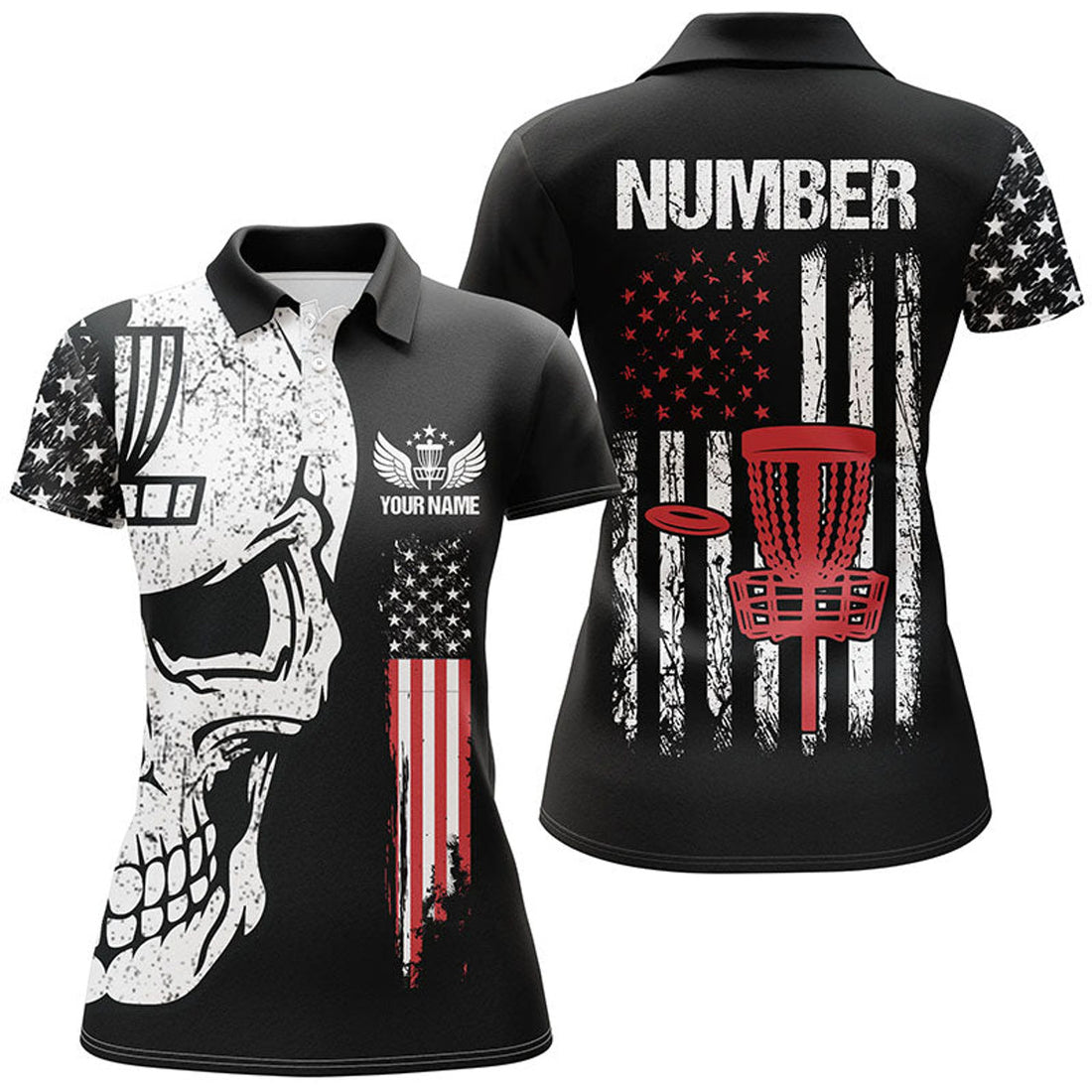 Custom Black American Flag Womens Disc Golf Polo Shirts Custom Name, Number Patriotic Disc Golf Skull Apparel