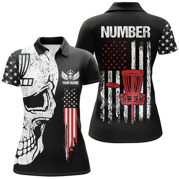Custom Black American Flag Womens Disc Golf Polo Shirts Custom Name, Number Patriotic Disc Golf Skull Apparel