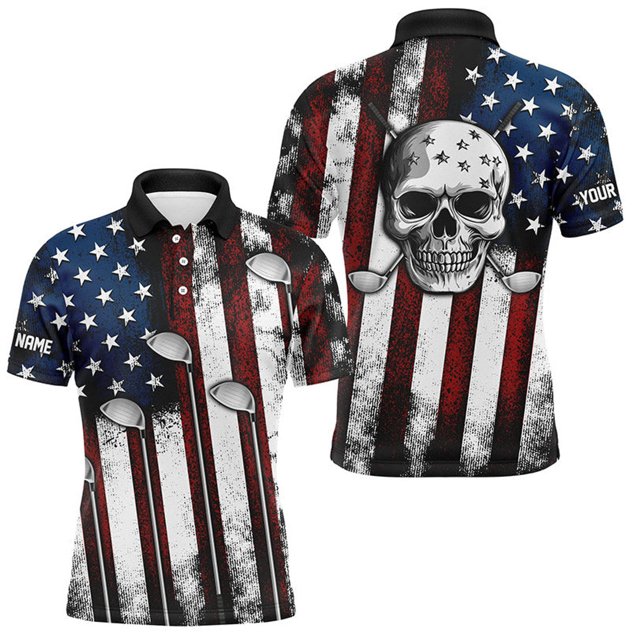 Custom American flag golf Clubs Skull Mens Golf Polo Shirts Custom Patriotic golf attire for men golfer gifts