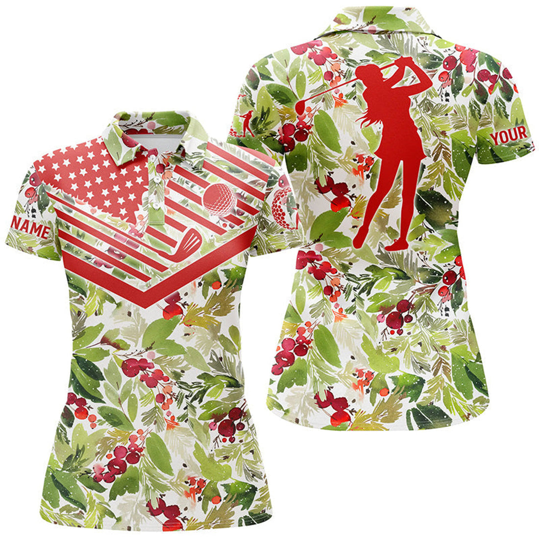 Custom Womens Golf Polo Shirt Christmas Pattern American Flag Custom Name Golf Shirt
