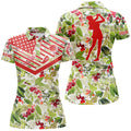 Custom Womens Golf Polo Shirt Christmas Pattern American Flag Custom Name Golf Shirt