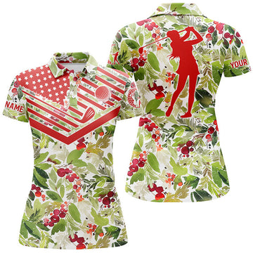 Custom Womens Golf Polo Shirt Christmas Pattern American Flag Custom Name Golf Shirt