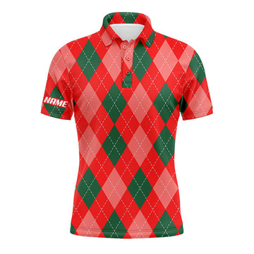 Custom Golf Men Polo Shirt - Christmas Plaid Red Argyle Pattern Custom Name Apparel - Personalized Gift For Golf Lover, Men, Husband, Team, Boyfriend