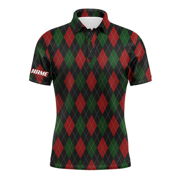 Custom Golf Men Polo Shirt - Christmas Plaid Argyle Pattern Custom Name Apparel - Personalized Gift For Golf Lover, Men, Husband, Boyfriend, Team