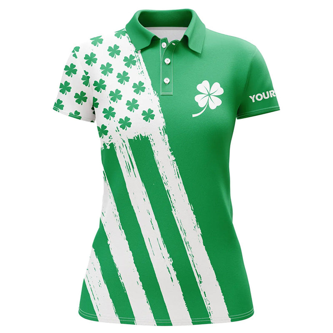 Custom Women Golf Polo Shirt Custom Name Green Clover American Flag St Patrick Day Golf Shirts, Golfing Gifts