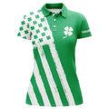 Custom Women Golf Polo Shirt Custom Name Green Clover American Flag St Patrick Day Golf Shirts, Golfing Gifts