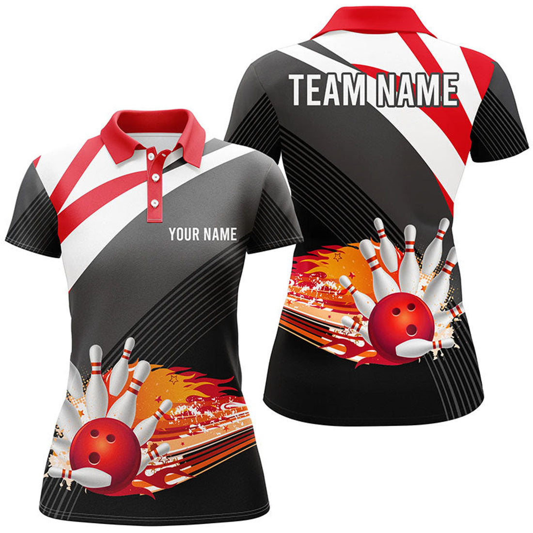 Custom Black and red Women's Polo Bowling Shirt Custom flame bowling ball fire Team Ladies Bowlers Jerseys