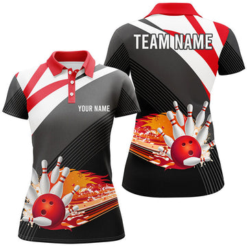 Custom Black and red Women's Polo Bowling Shirt Custom flame bowling ball fire Team Ladies Bowlers Jerseys