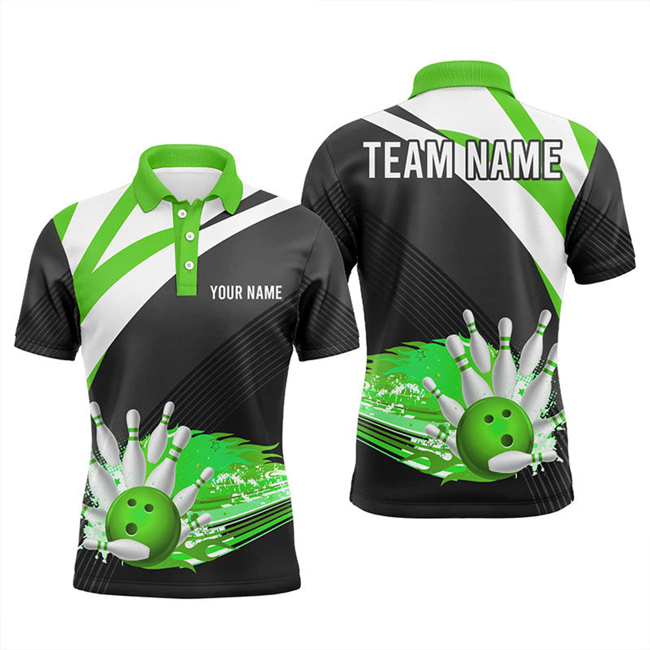 Custom Black and Green Men bowling polo Shirt Custom flame bowling ball fire Team Bowler Jersey
