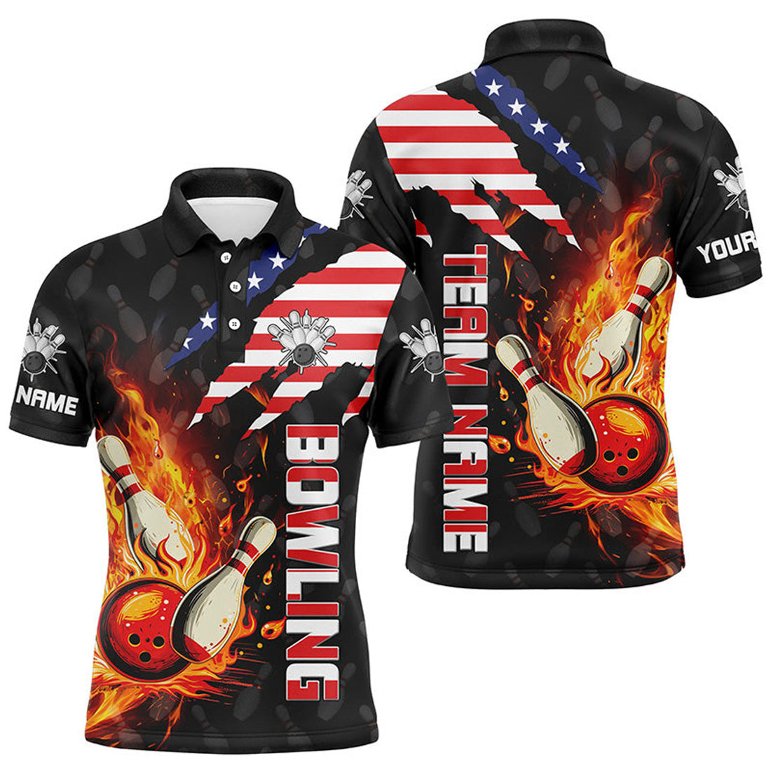 Custom American Flag Bowling Shirt For Men Custom Flame Bowling Polo Shirt, Team Bowling Jerseys