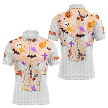 Custom Mens golf polo shirt orange Halloween pattern custom skull golf ball shirt for men, best men golf wear