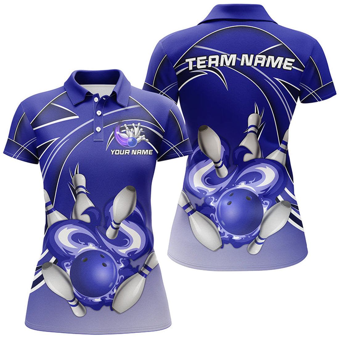 Custom Women Bowling Polo Shirts Custom Bowling ball and pins Team league Jerseys, gifts for bowlers | Blue