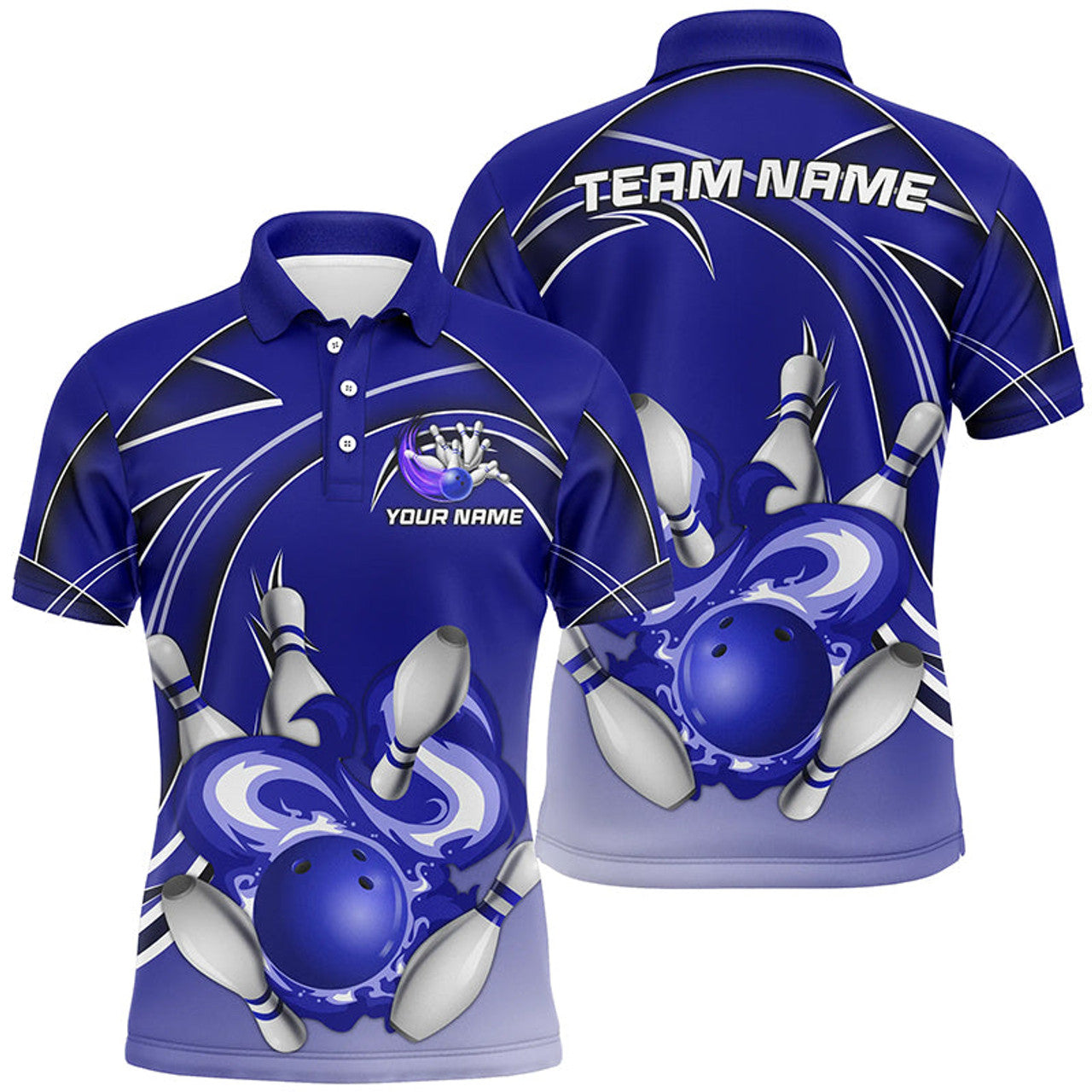 FUNSTUFFPRINT Men Bowling Polo Shirt Custom Bowling ball and pins Team league Polo Shirt Size S-5XL