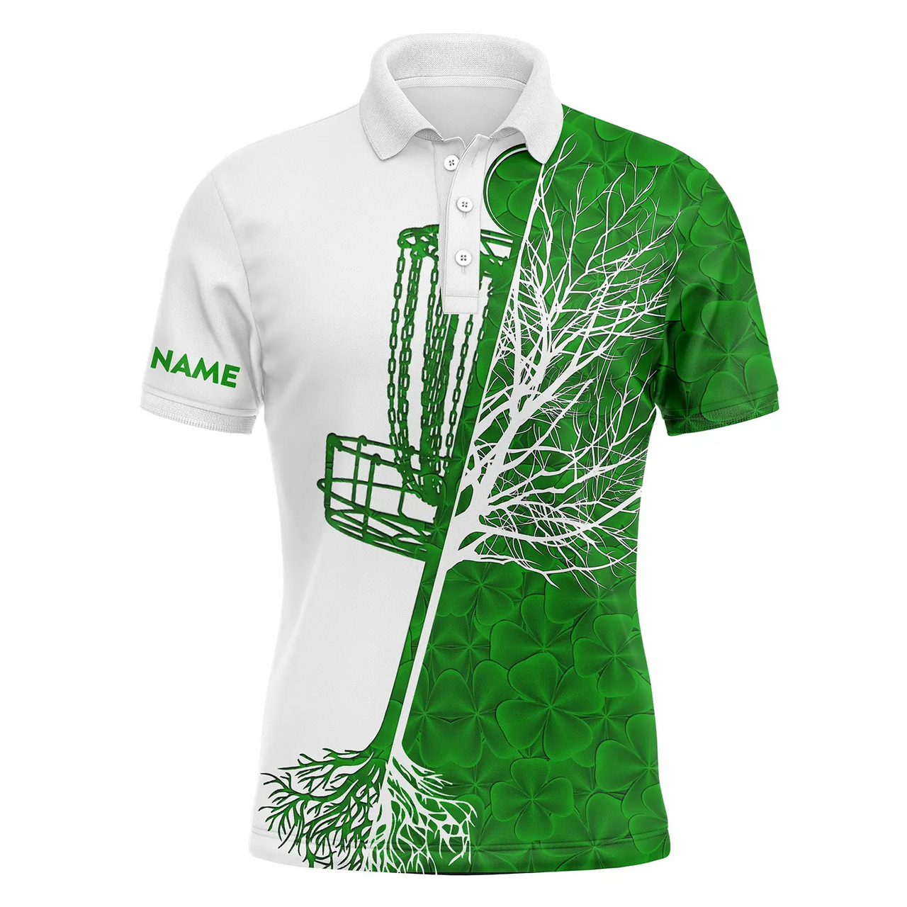 Custom Disc Golf Men Polo Shirt - Custom Name Green Clover St Patrick's Day Pattern Disc Golf Basket Apparel - Personalized Gift For Disc Golf Lover, Male