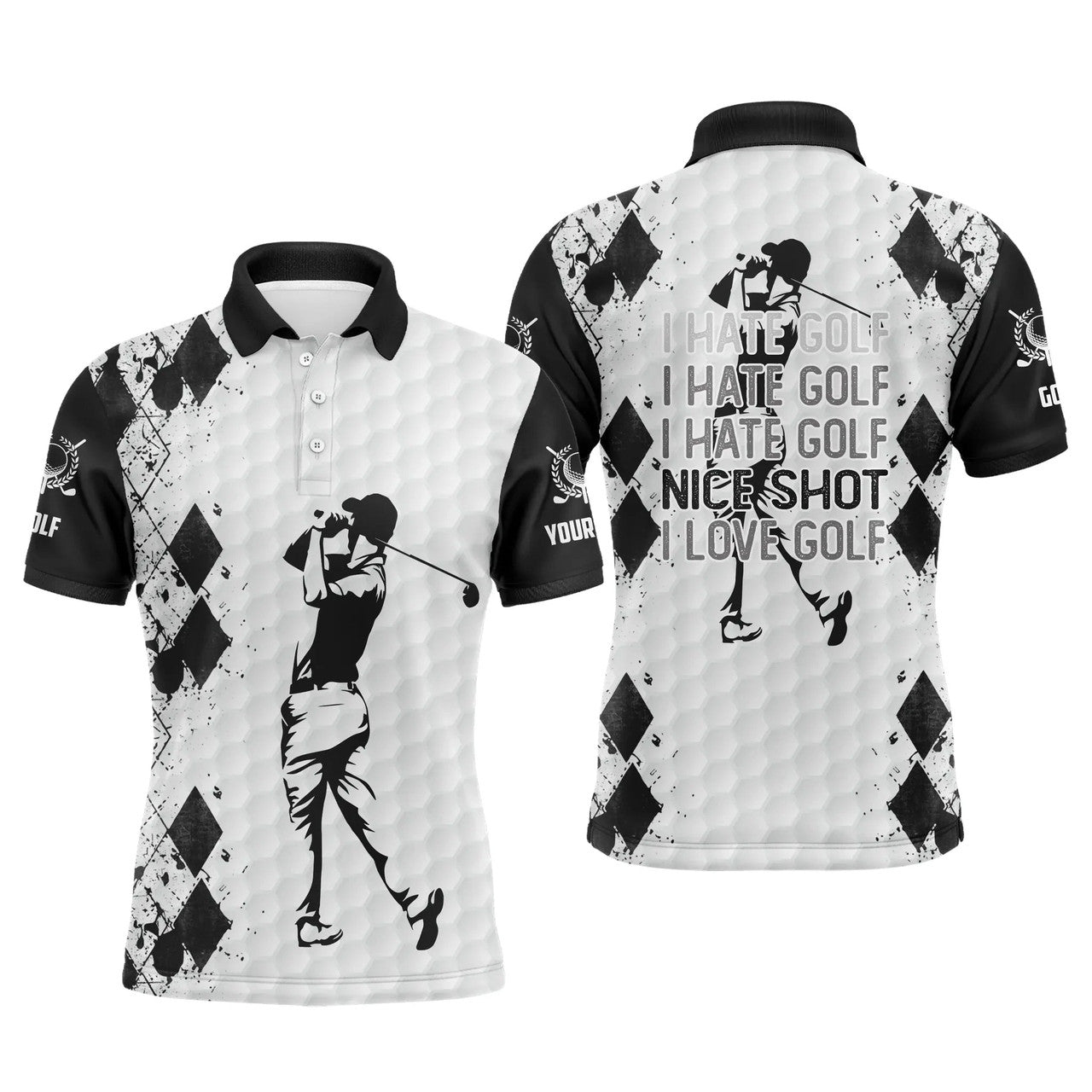 Custom Golf Men Polo Shirt - Funny Custom Name Black White Apparel - Personalized Gift For Golf Lover, Men, Husband, Team - I Hate Golf Nice Shot I Love Golf