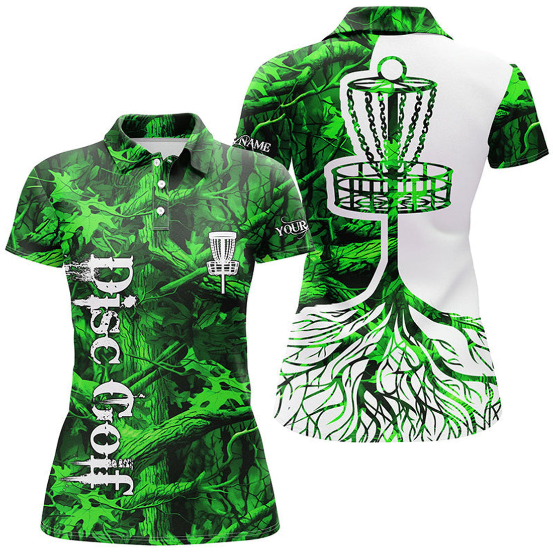 Custom Womens Disc Golf Polo Shirt Custom Name Green Camo Disc Golf Basket, Personalized Disc Golf Shirts