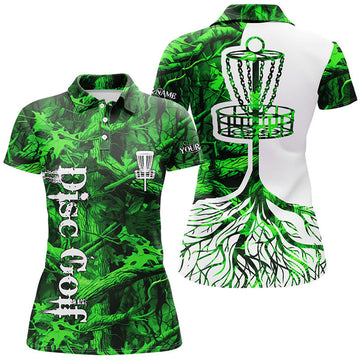 Custom Womens Disc Golf Polo Shirt Custom Name Green Camo Disc Golf Basket, Personalized Disc Golf Shirts