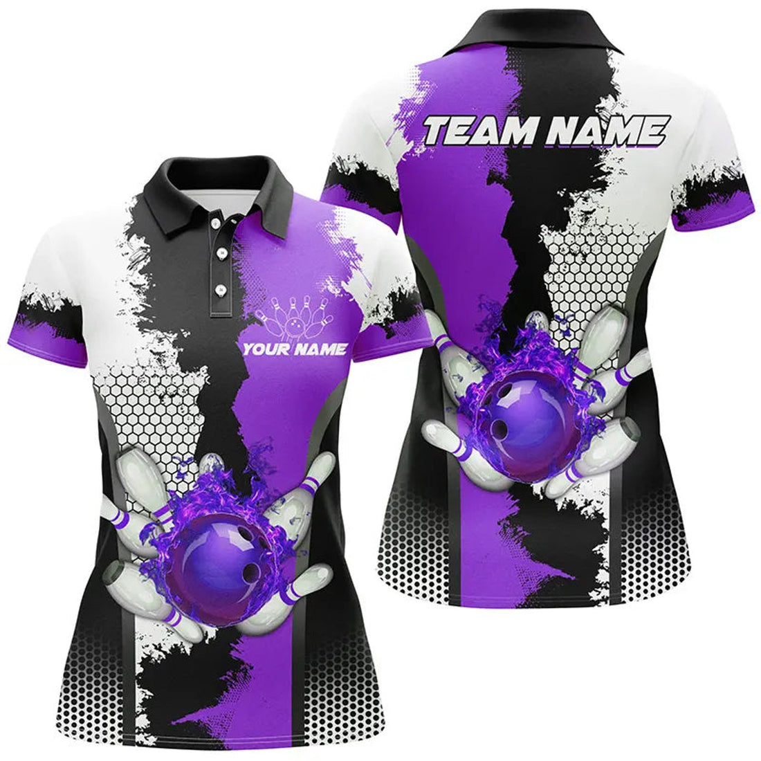 Custom Black White Bowling Fire League Jerseys Custom Bowling Polo For Women | Purple