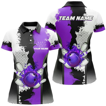Custom Black White Bowling Fire League Jerseys Custom Bowling Polo For Women | Purple