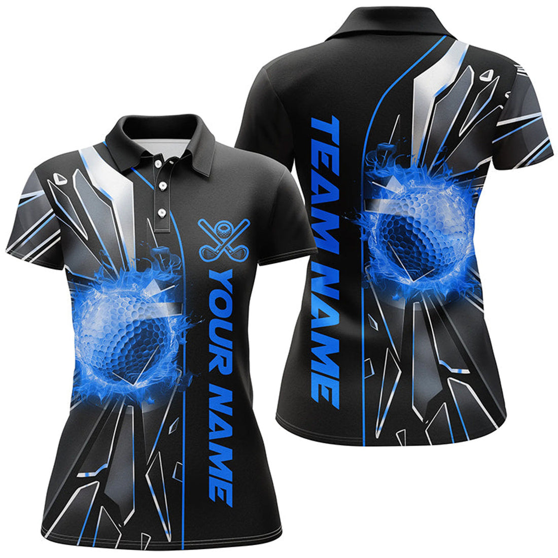 Custom Black And Blue Fire Golf Ball Broken Glass Custom Women Golf Polo Shirts, Golf Gifts For Ladies