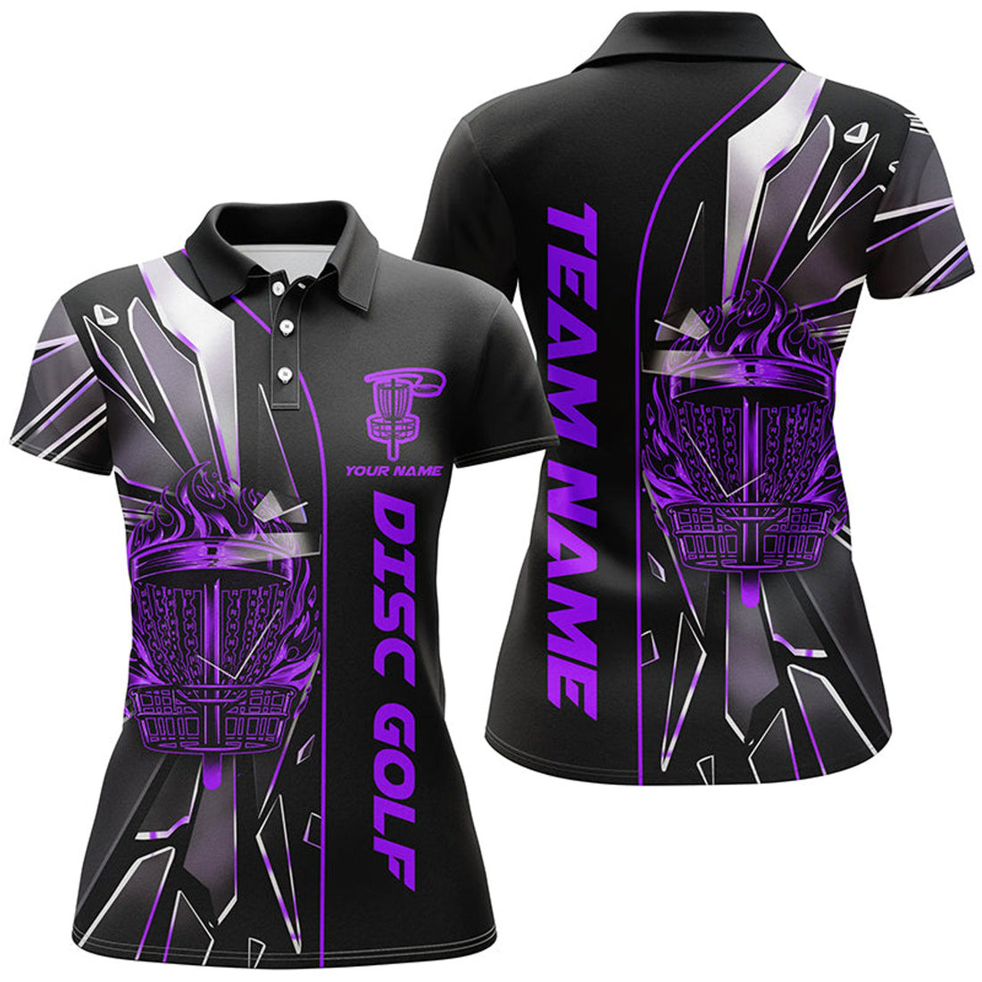 Custom Black & Purple Fire Disc Golf Basket Broken Glass Custom Women Disc Golf Polo Shirts, Disc Golf Jersey