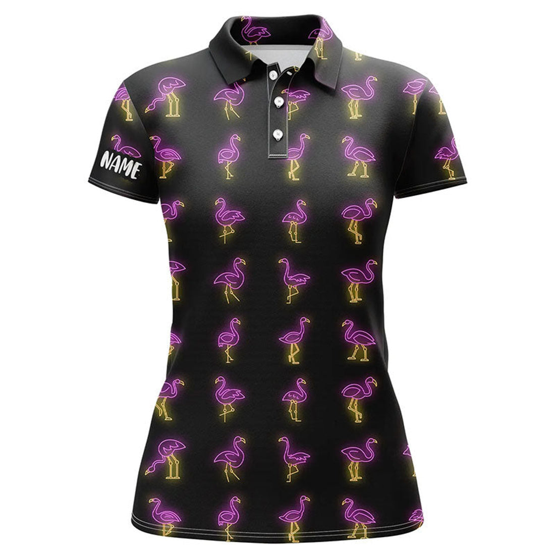 Custom Black Womens golf polo shirt pink neon flamingos pattern custom flamingo golf polo shirts for team