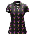 Custom Black Womens golf polo shirt pink neon flamingos pattern custom flamingo golf polo shirts for team