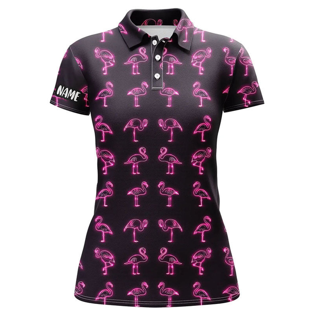 Custom Pink Neon Flamingos Pattern Womens Golf Polo Shirt Custom Team Flamingo Golf Polo Shirts, Golfer Gifts