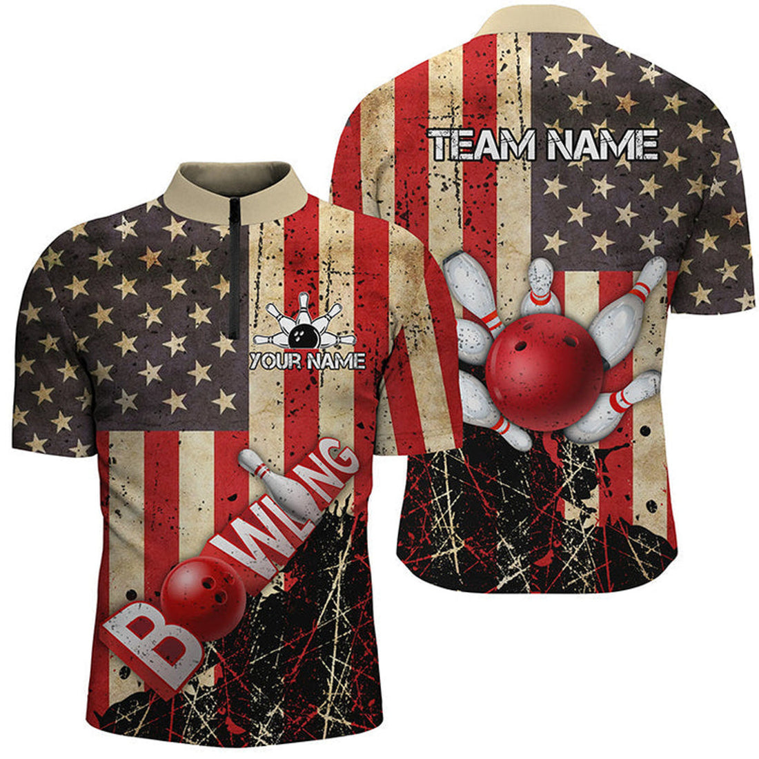 Custom Bowling And Pins Blue Lightning American Flag Customized Name, Team Name 3D Zipper Polo Shirt For Men