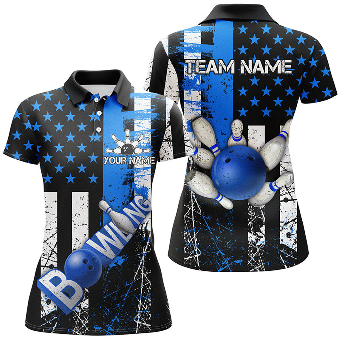 Custom Retro American Flag Women Bowling Polo Shirts Custom Bowling Team Jerseys, Gifts For Bowlers | Blue
