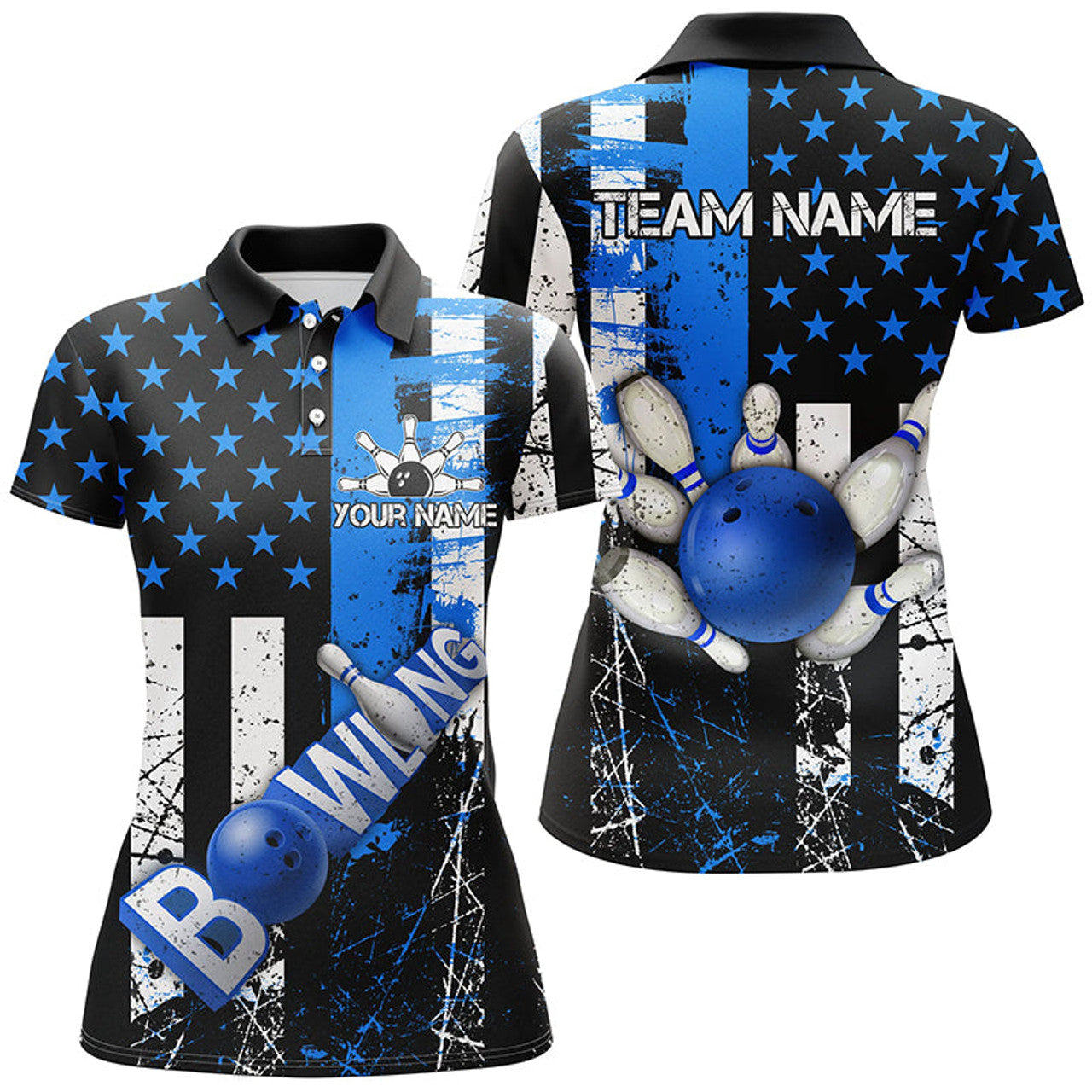 Custom Retro American Flag Women Bowling Polo Shirts Custom Bowling Team Jerseys, Gifts For Bowlers | Blue