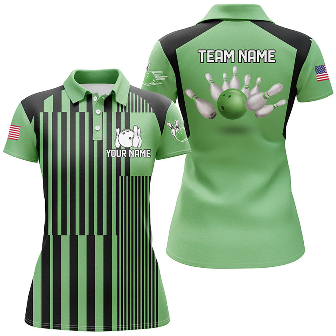 Custom Green And Black Stripe Pattern Women Bowling Polo Shirts Custom Bowling Team Jerseys, Bowl Gifts