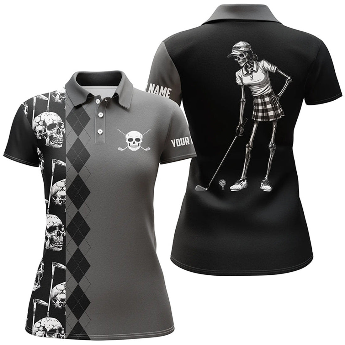 Custom Black Skull Argyle Pattern Custom Women Golf Polo Shirts, Women's Golf Tops