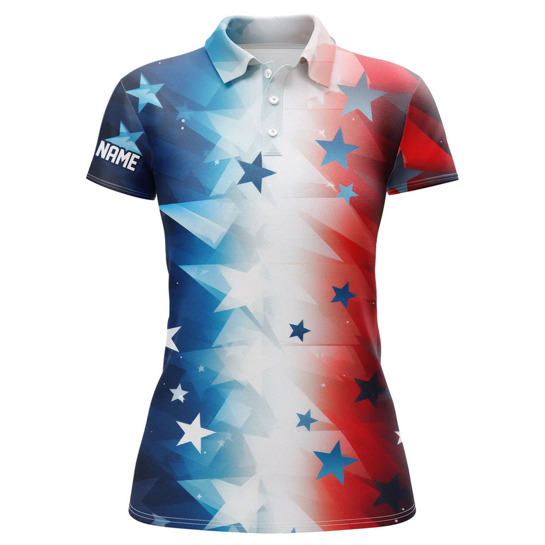 Custom Red, White And Blue Stars Pattern Womens Golf Polo Shirts Custom Womens Golf Attire, Best Golf Gifts