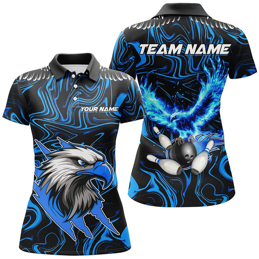 Custom Black And Blue Camo Flame Eagle Bowling Polo For Women Custom Bowling Team Jerseys