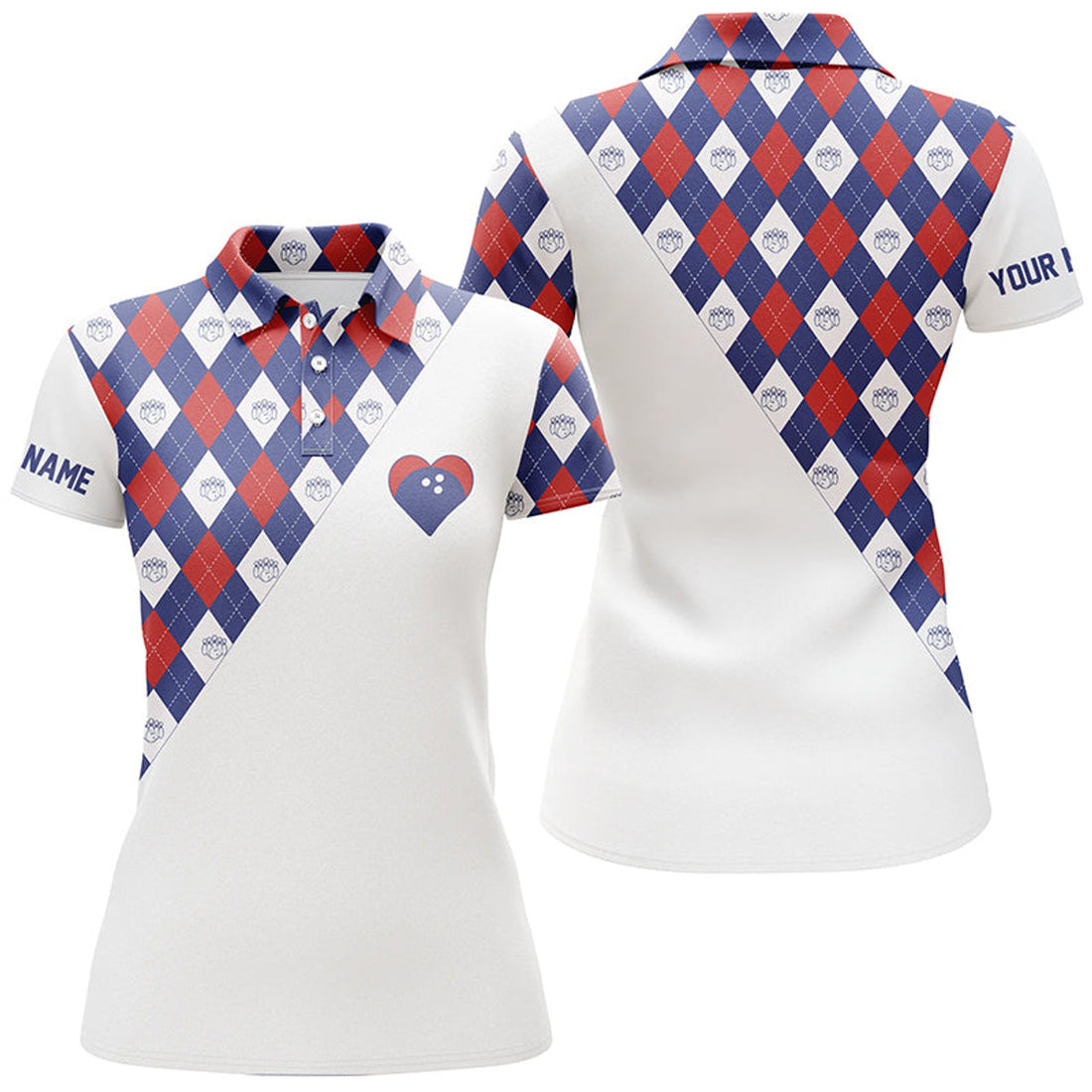 Custom Personalized Red White And Blue Argyle Pattern Polo Bowling Shirts For Women, Bowling Heart Jerseys