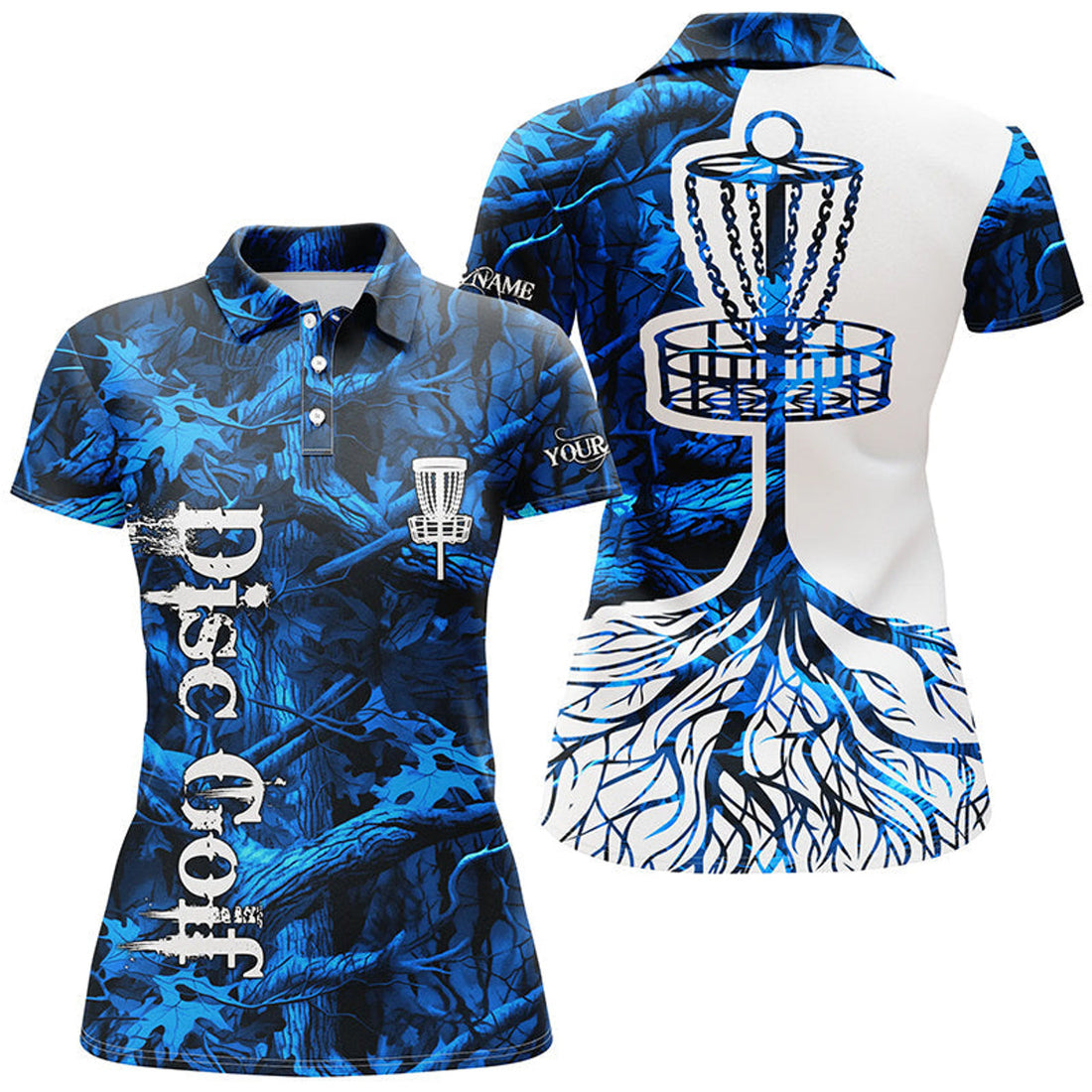 Custom Womens Disc Golf Polo Shirt Custom Name Blue Camo Disc Golf Basket, Personalized Disc Golf Shirts