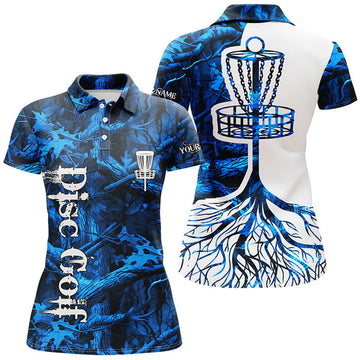 Custom Womens Disc Golf Polo Shirt Custom Name Blue Camo Disc Golf Basket, Personalized Disc Golf Shirts