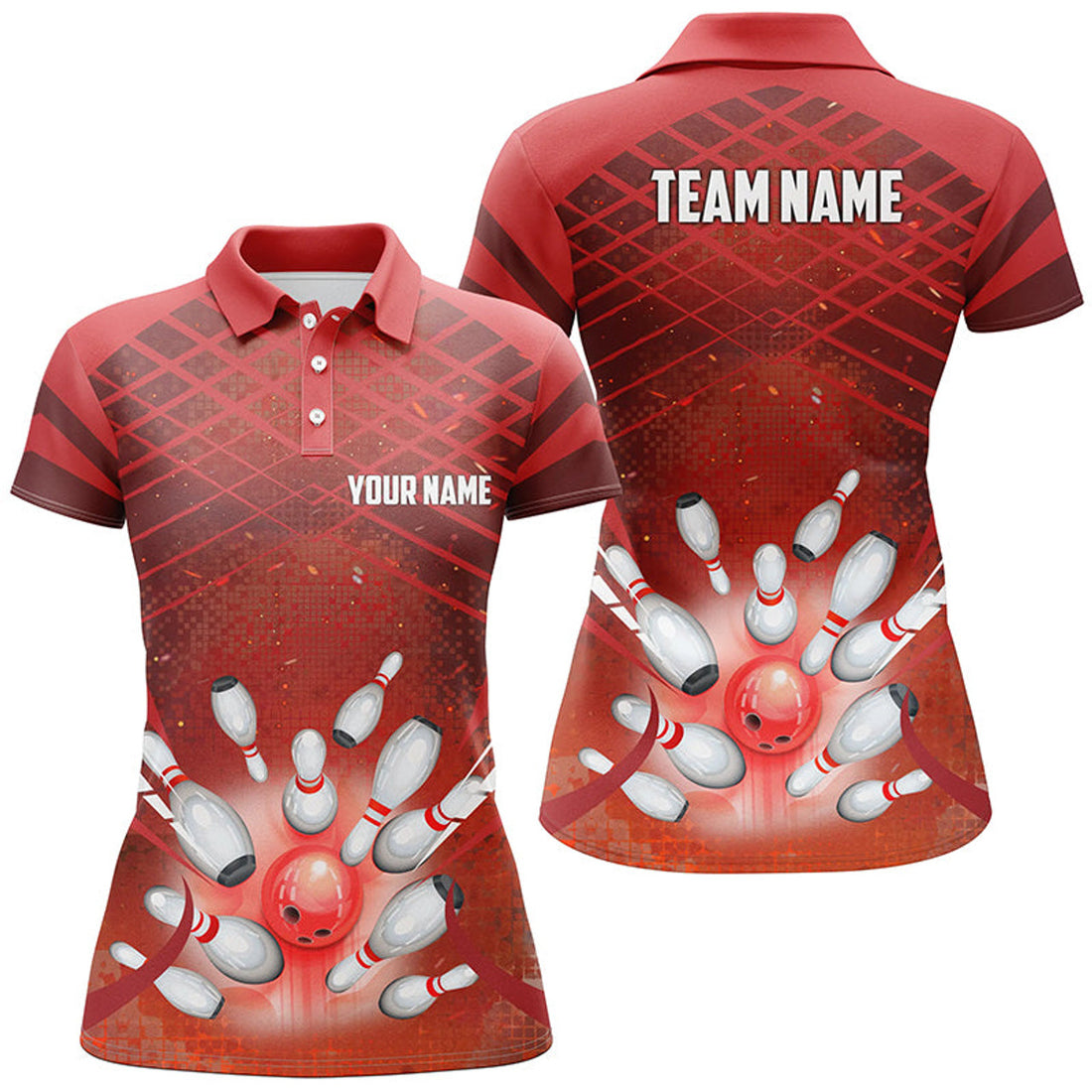 Custom Women Bowling Polo Shirts Custom Red Light Bowling Ball And Pins Team Bowling Jersey, Gift For Bowlers