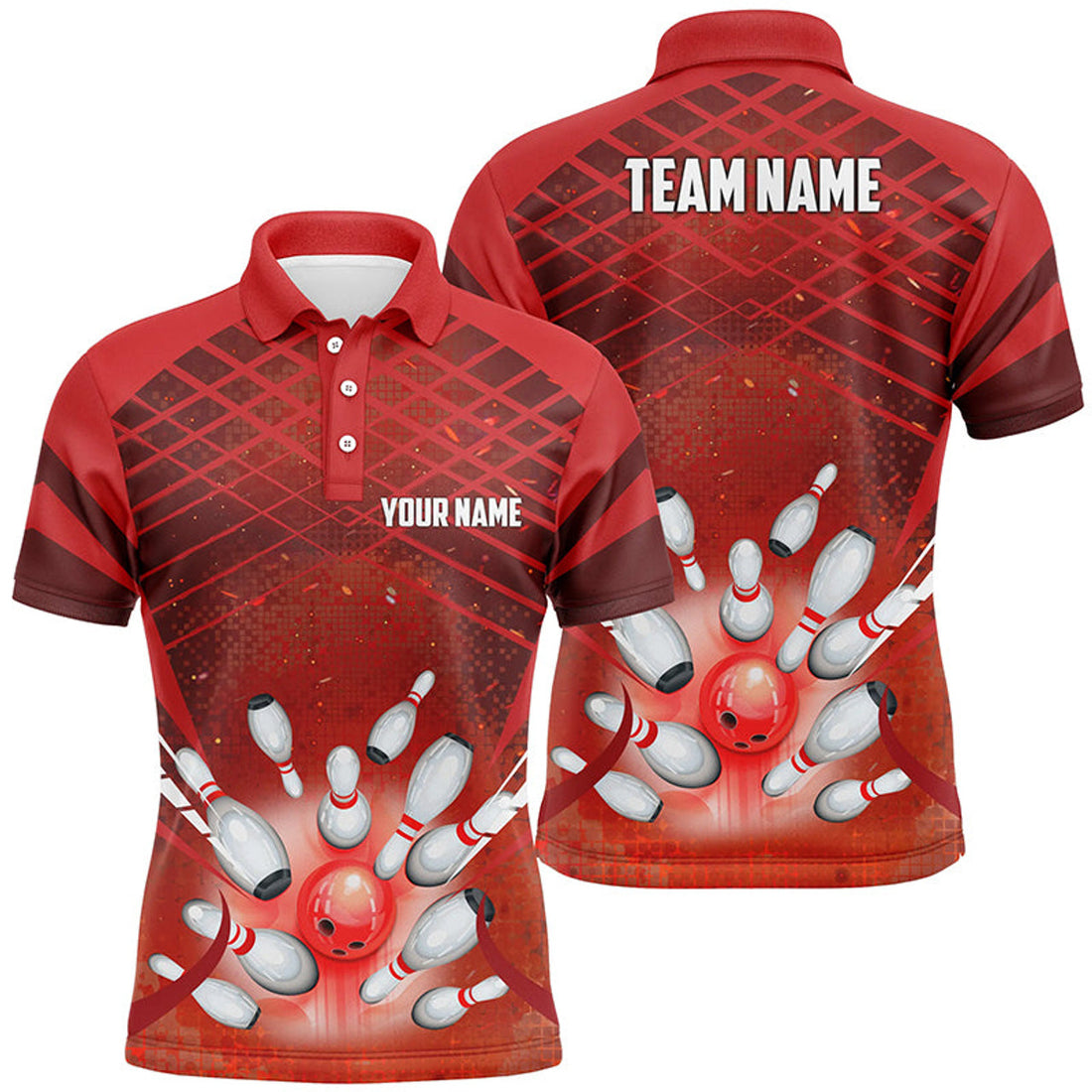 Custom Men Bowling Polo Shirt Custom Red Light Bowling Ball And Pins Team Bowling Jersey, Gift For Bowlers