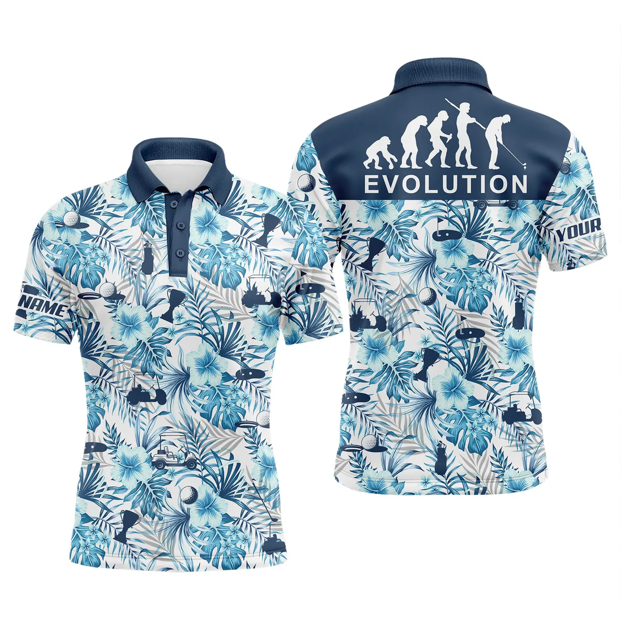 Custom Golf Men Polo Shirt - Custom Name Blue Tropical Plant Pattern Apparel - Personalized Gift For Golf Lover, Team, Husband, Boyfriend, Men - Evolution