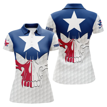 Custom Womens Golf Polo Shirts Texas Flag Patriotic Custom Skull Golf Ball Shirts For Women, Ladies Golf Top