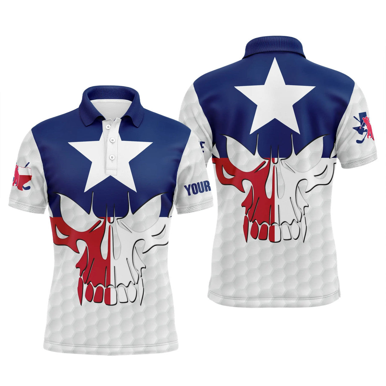 FUNSTUFFPRINT Mens golf polo shirts Texas flag patriotic custom skull golf ball Polo Shirt Size S-5XL
