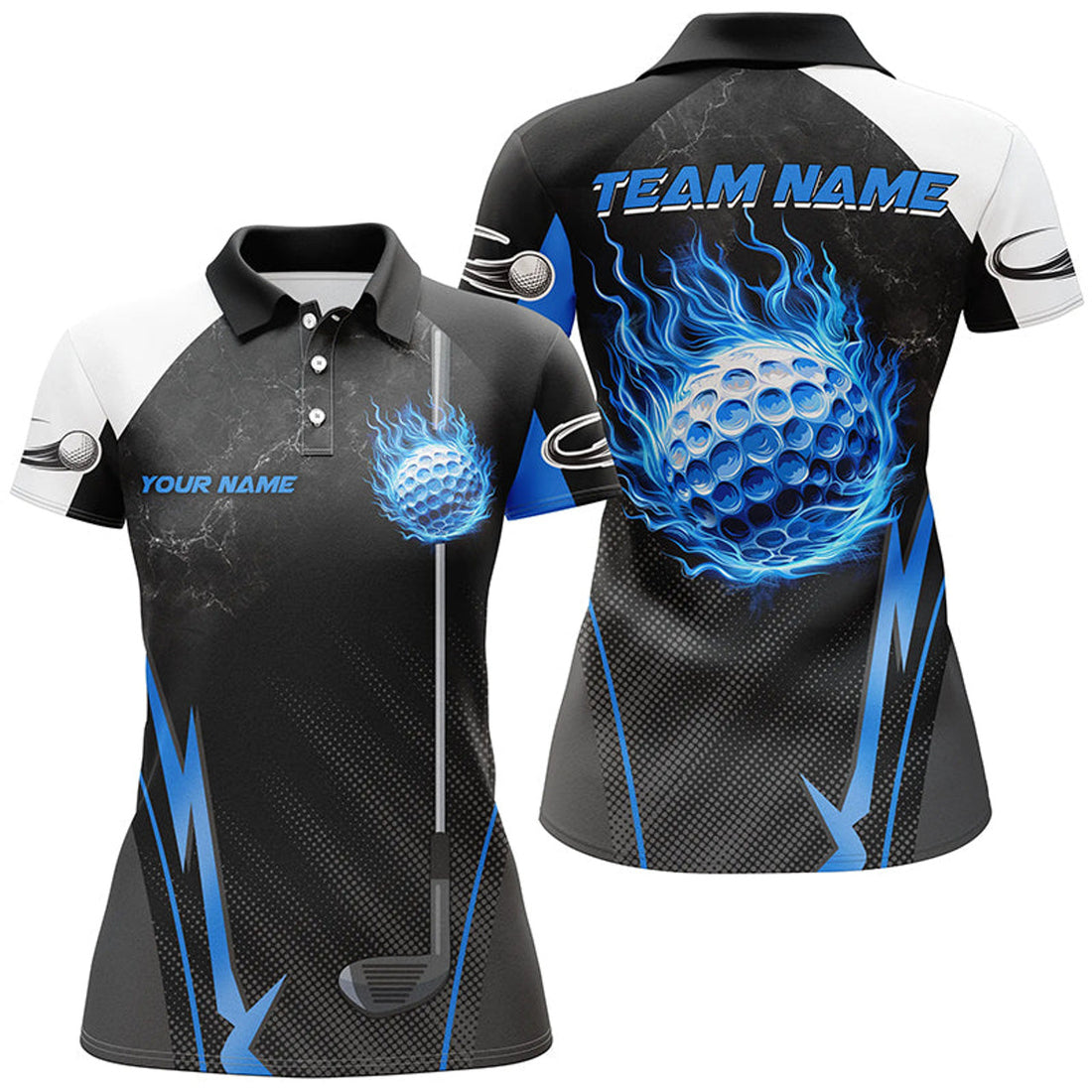 Custom Black And White Ladies Golf Tops Custom Blue Flame Golf Ball Women Golf Polo Shirts, Golfing Gifts