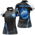 Custom Black And White Ladies Golf Tops Custom Blue Flame Golf Ball Women Golf Polo Shirts, Golfing Gifts