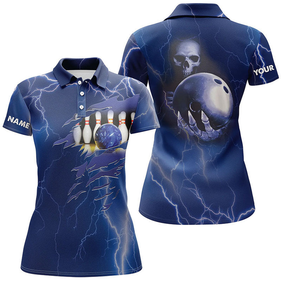 Custom Personalized Bowling Polo Shirt For Women Blue Lightning Custom Name Team Skull Bowling Jerseys