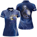 Custom Personalized Bowling Polo Shirt For Women Blue Lightning Custom Name Team Skull Bowling Jerseys