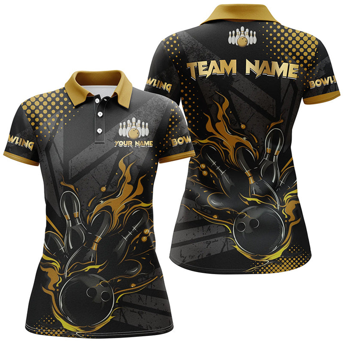 Custom Personalized Black and Gold Bowling Polo For Women, Custom bowling Team Jerseys