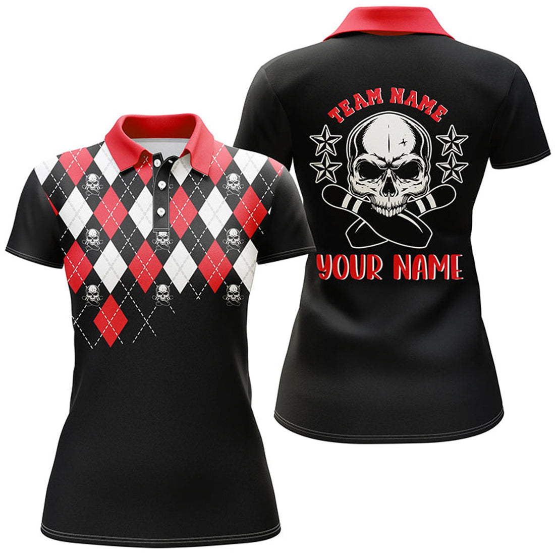 Custom Black Red Argyle Pattern Bowling Skull Custom Bowling Polo Shirts For Women, Bowling Jerseys