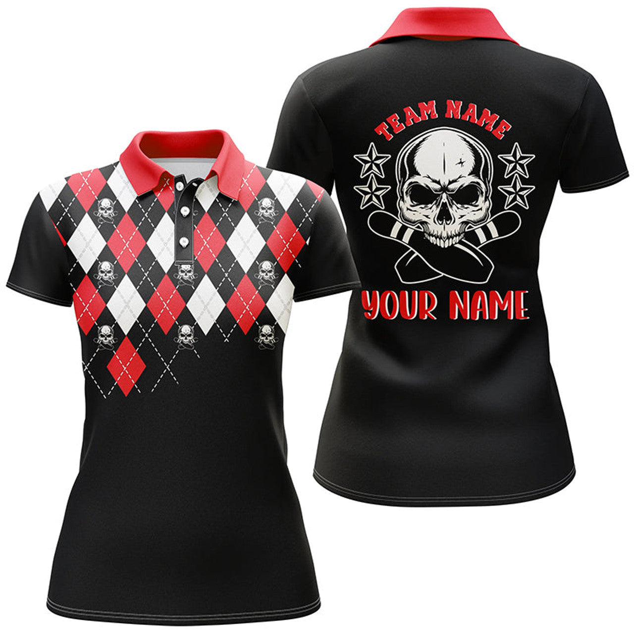 Custom Black Red Argyle Pattern Bowling Skull Custom Bowling Polo Shirts For Women, Bowling Jerseys